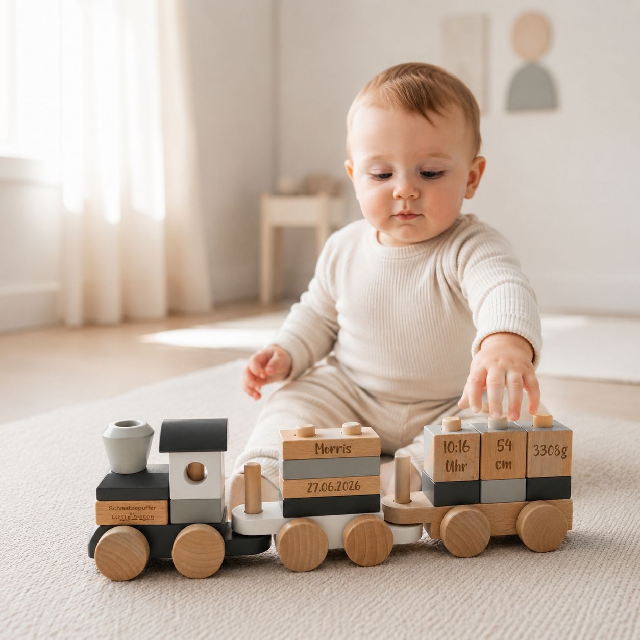 personalisierter-holzzug-geburt-schwarz-grau-natur-baby-morris
