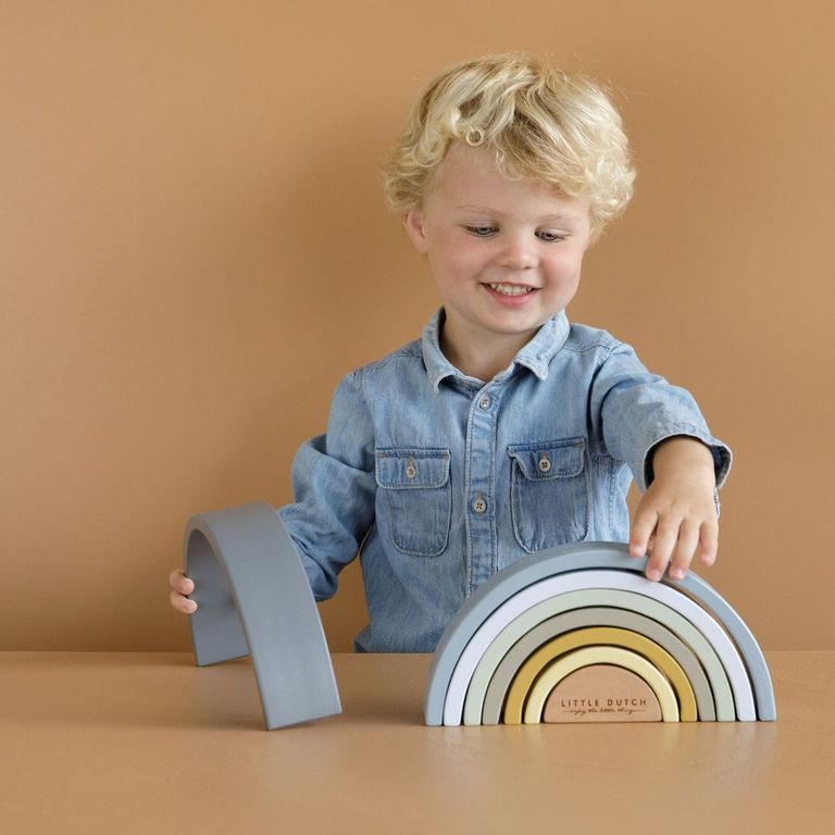 Tour de pile arc-en-ciel bleue personnalisée pour baptême – Cadeau en bois | Schmatzepuffer