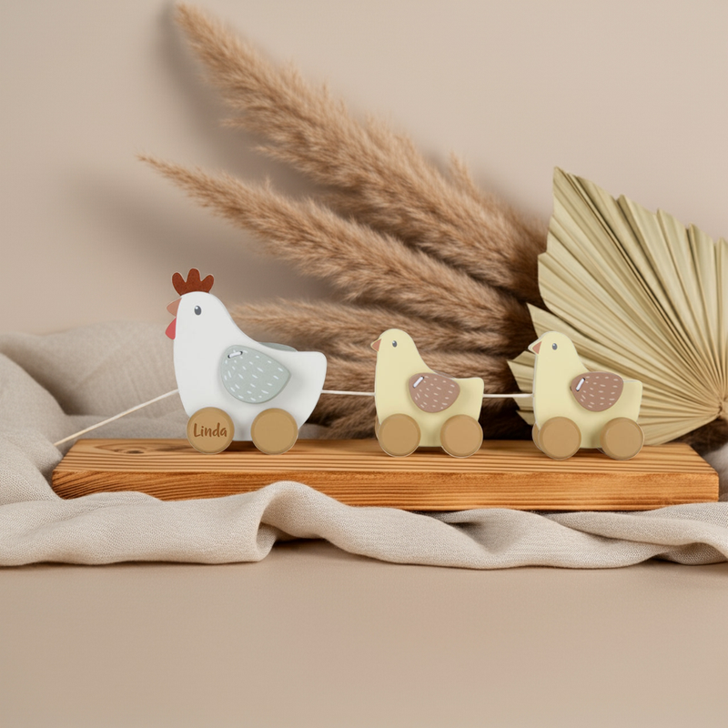 Animal à traîner en bois personnalisé poule avec prénom | Cadeau pour enfants