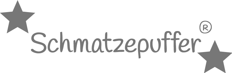Schmatzepuffer Logo in Grau mit Sternen auf transparentem Hintergrund