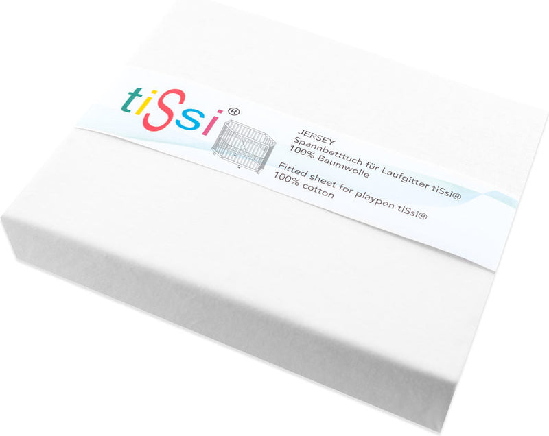 A packaged tissi Spannbettlaken Laufgitter 6-eckig, weiß made of 100% cotton, suitable for TiSsi playpens. The label features an illustration of a hexagonal playpen.