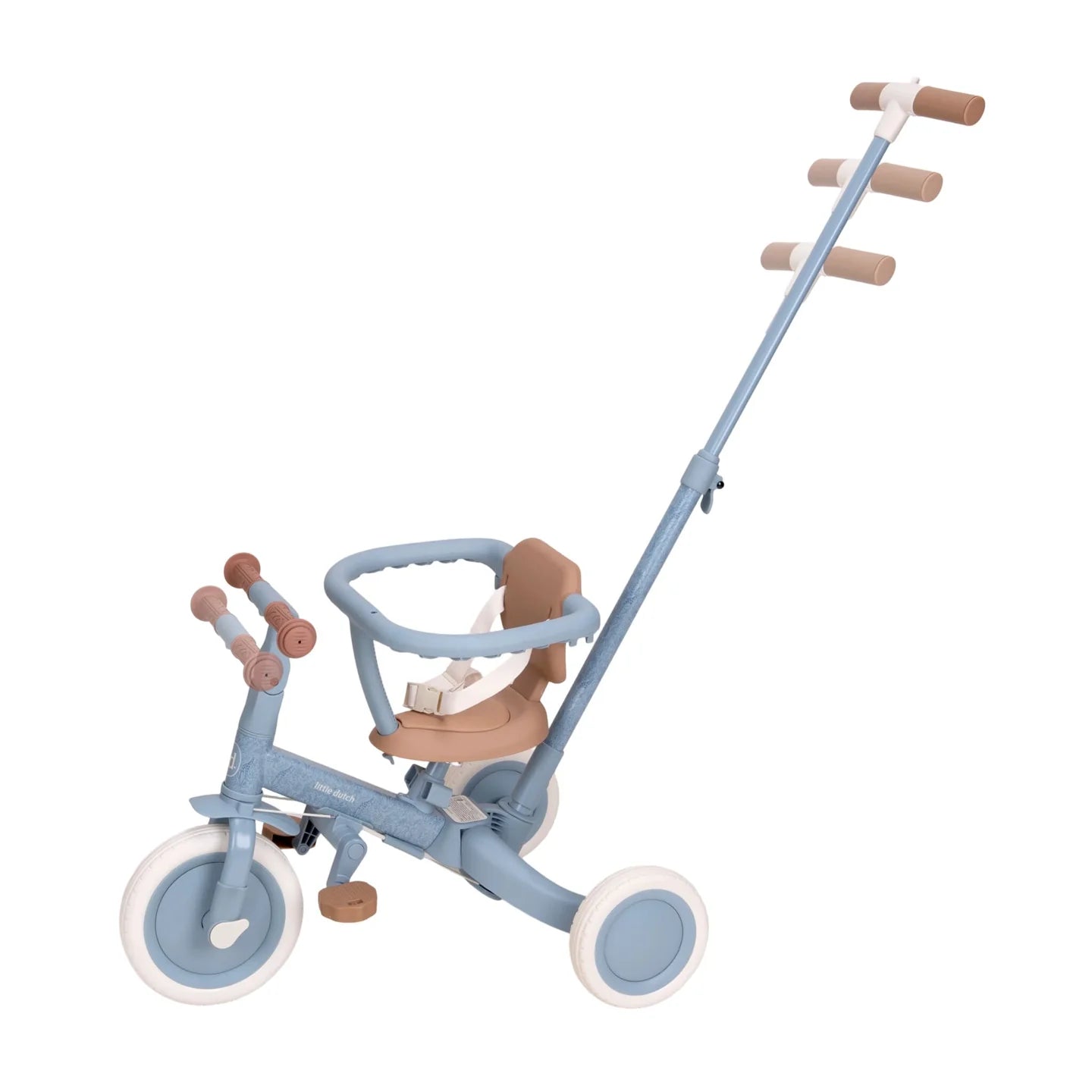 Tricycle 4-in-1 in Blau als Schiebedreirad mit Schubstange, Sicherheitsring und 5-Punkt-Gurt für Kinder ab 1 Jahr. Das mitwachsende Kinderfahrzeug bietet maximale Sicherheit, hohen Fahrkomfort und begleitet Kinder vom Schiebedreirad bis zum Laufrad.