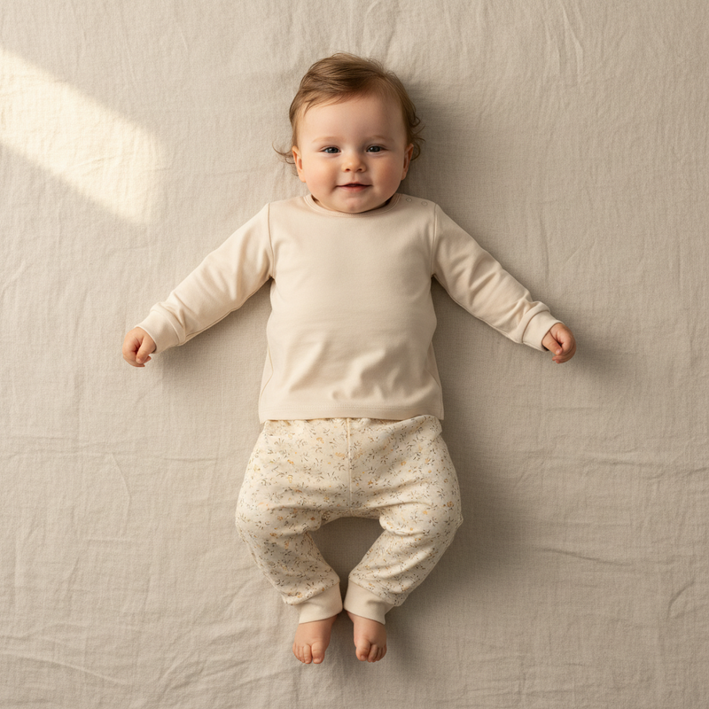 Baby in weicher Kleidung mit Langarmshirt und Hose auf hellem Stoffhintergrund liegend