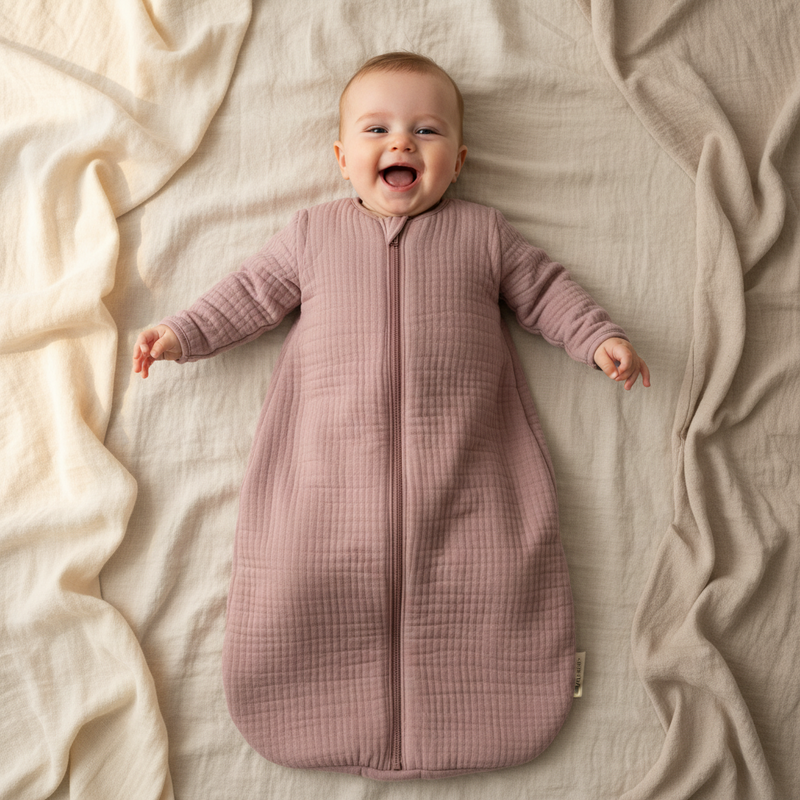 Weicher Baby Schlafsack aus Musselin in Altrosa mit langen Aermeln und Reissverschluss fuer einen sicheren, warmen und erholsamen Schlaf