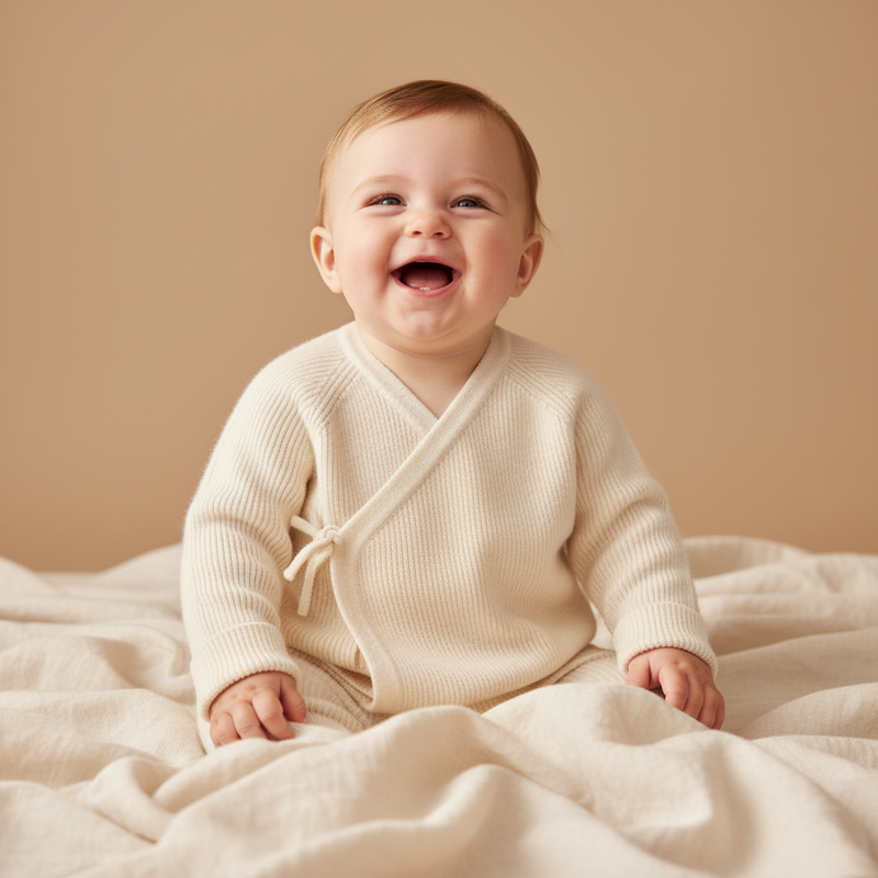 Weiche Baby Strick Wickeljacke in pure soft white aus hochwertiger Baumwolle mit Wickelverschluss fuer Neugeborene und Babys, ideal fuer Alltag und besondere Anlaesse