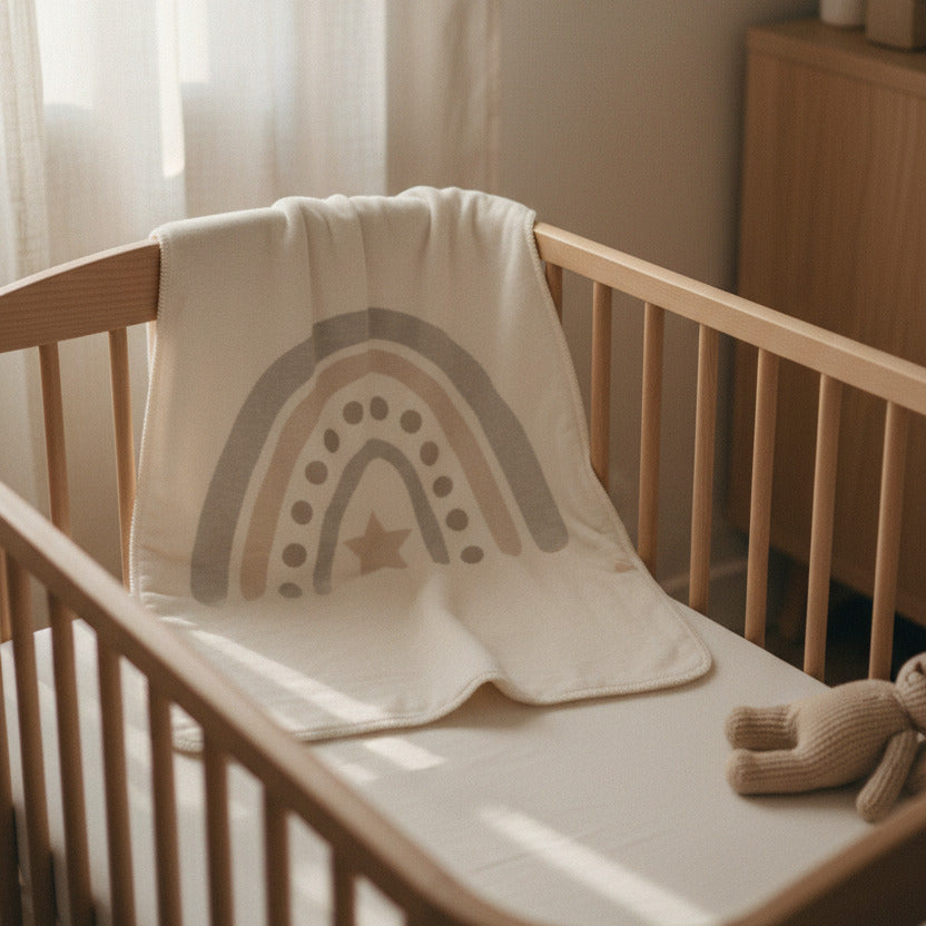 Babydecke mit Regenbogen aus Bio-Baumwolle im Babybett in sanften Naturtönen