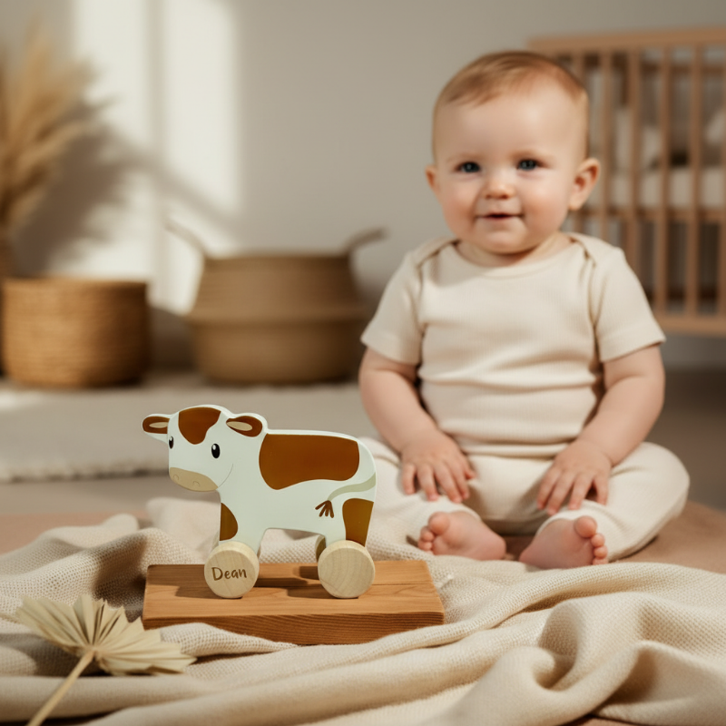 Personalisiertes Babygeschenk aus Holz – kleine Holzkuh mit Name auf Rollen, dekorativ inszeniert vor sitzendem Baby in warmem, natürlichen Umfeld
