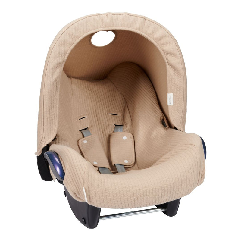Babyschalen-Sonnenverdeck Pure Beige für Maxi-Cosi und viele Babyschalen der Gruppe 0+ aus hochwertigem Baumwollmix. Schützt Babys zuverlässig vor Sonne, Wind und leichtem Regen und sorgt unterwegs für angenehmen Schatten.