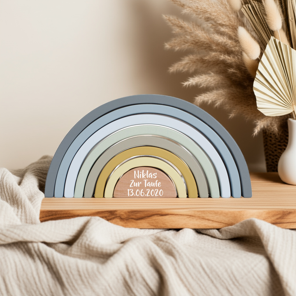 Tour de pile arc-en-ciel bleue personnalisée pour baptême – Cadeau en bois | Schmatzepuffer