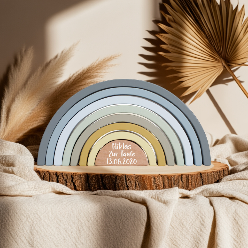 Tour de pile arc-en-ciel bleue personnalisée pour baptême – Cadeau en bois | Schmatzepuffer