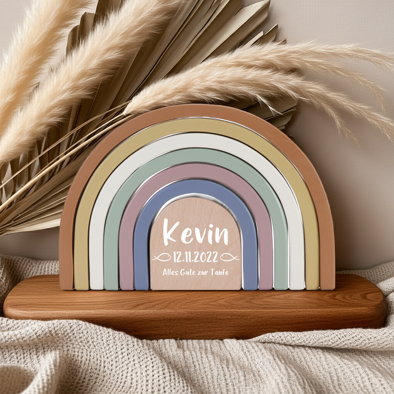 Tour à empiler personnalisée Arc-en-ciel Vintage pour le baptême – Bois imprimé | Schmatzepuffer