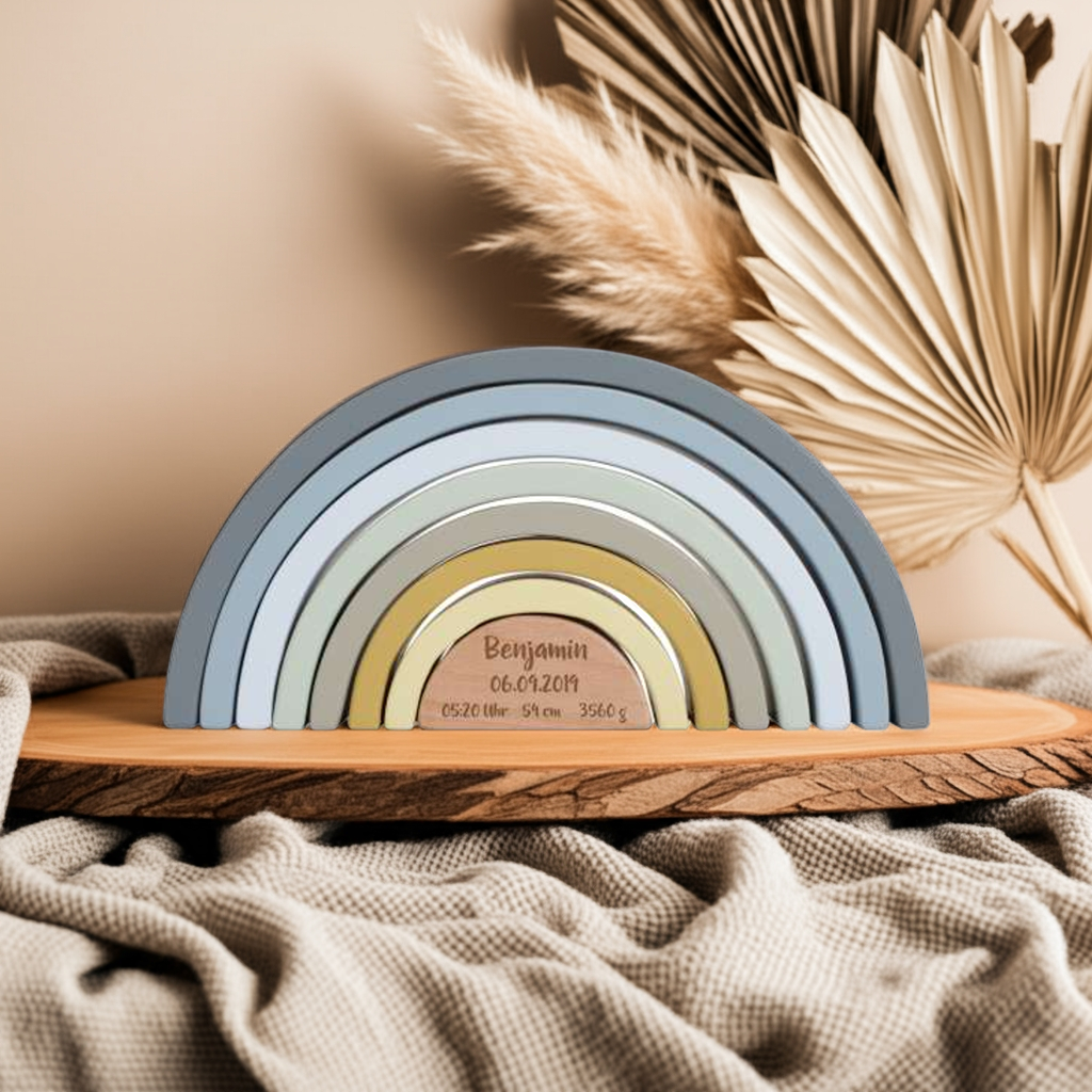 Tour à empiler Arc-en-ciel Bleu personnalisée - Cadeau de naissance