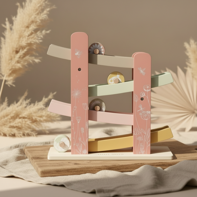 Holz Kugelbahn in Rosa mit Autobahn Design fuer Kinder zur Foerderung von Motorik, Beobachtung und spielerischem Entdecken