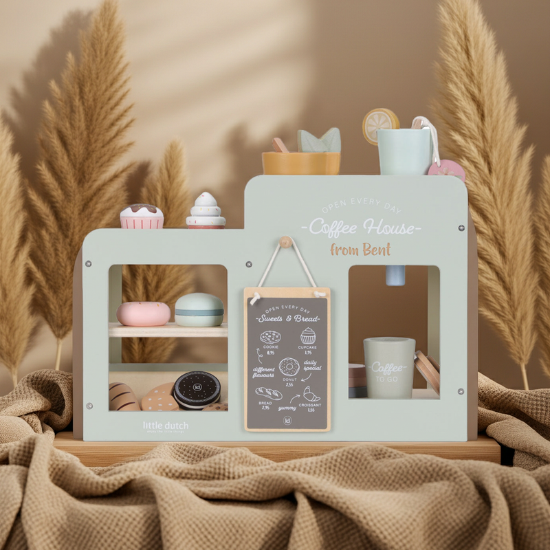 Kaffee-Ecke aus Holz für Kinder mit Kaffeemaschine, Tassen, Gebäck und Café-Zubehör für kreative Rollenspiele im Kinderzimmer
