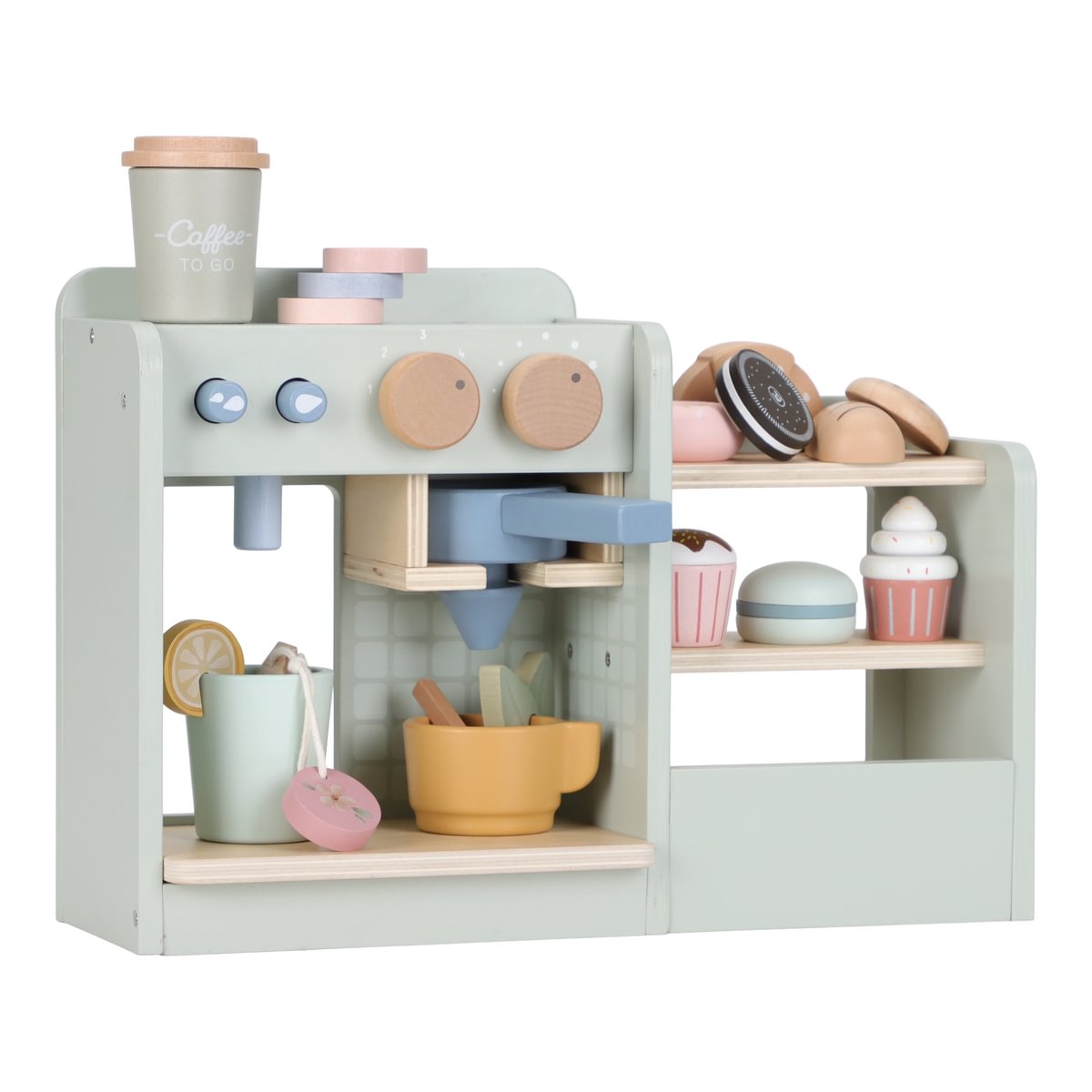 Holz Kaffee-Bar für Kinder mit Kaffeemaschine, Kaffeepads, Tassen, Tee und Gebäck für kreative Rollenspiele im Kinderzimmer