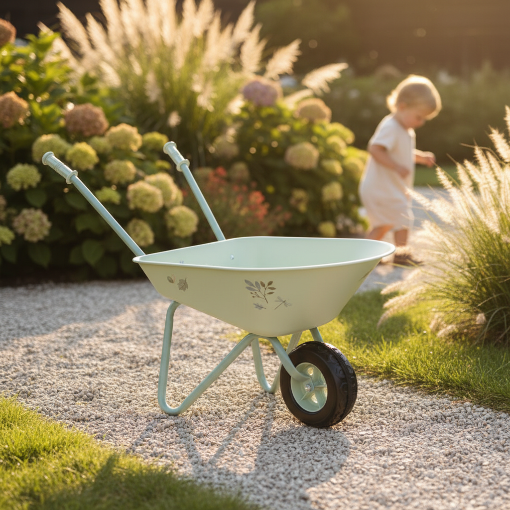 Kinder-Schubkarre aus Metall in Mint aus der Little Dutch Forest Friends Kollektion auf einem Gartenweg im warmen Abendlicht