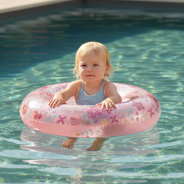 Kleinkind sitzt mit einem rosa Kinder-Schwimmring im Blumen-Design im Pool und genießt einen sonnigen Sommertag. Der aufblasbare Schwimmring eignet sich ideal für Pool, Garten und Urlaub.