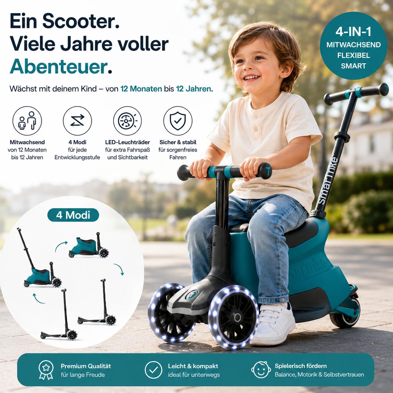 Kind fährt mitwachsender 4-in-1 Kinder Scooter mit LED Rädern im Outdoor Einsatz, geeignet von 12 Monaten bis 12 Jahre