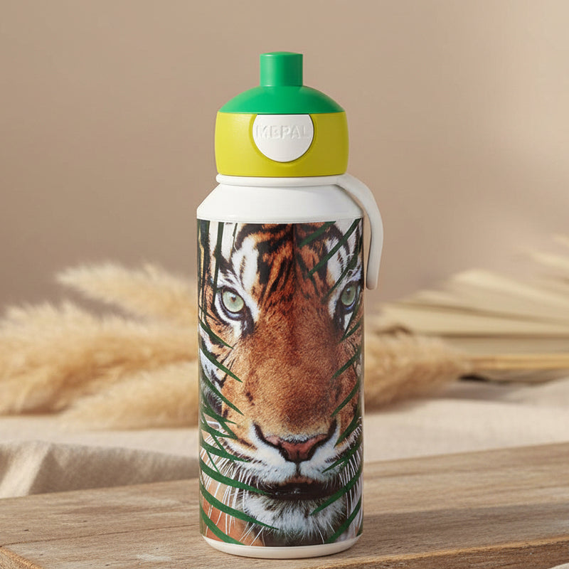 Kinder Trinkflasche Pop Up 400 ml mit Tiger Motiv, auslaufsicher und ideal fuer Kindergarten, Schule, Sport und unterwegs