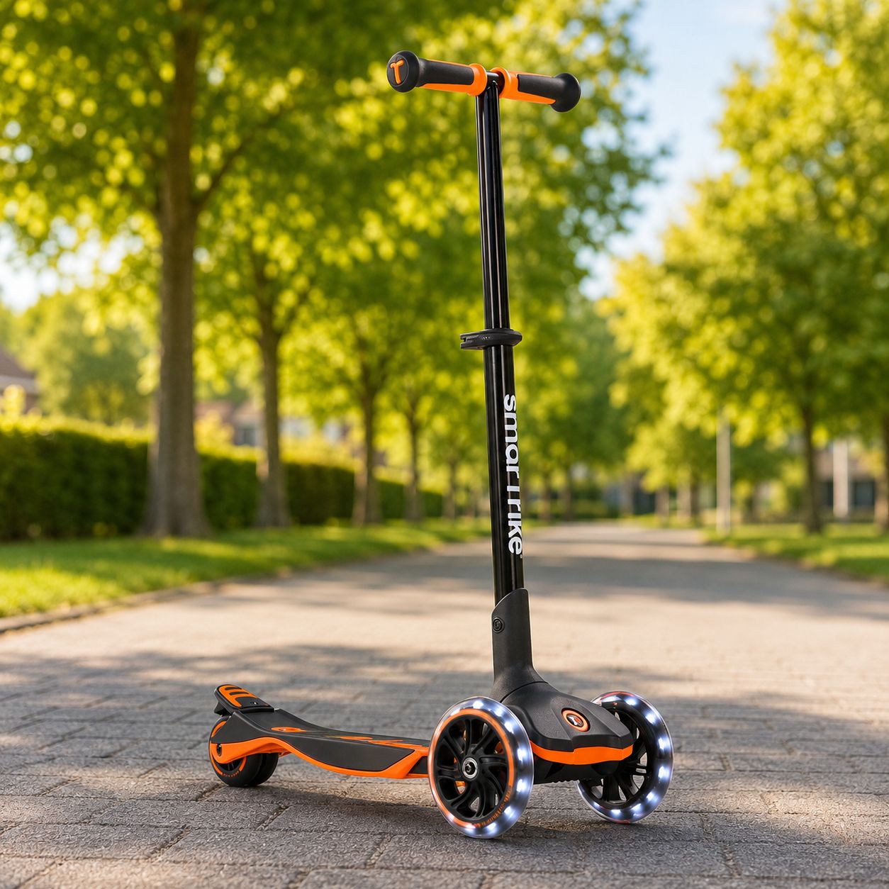 Mitwachsender Kinderroller in Orange mit LED-Rädern im Park – sicherer 3-Rad Scooter für Kinder mit hoher Sichtbarkeit und stabilem Fahrgefühl im Alltag