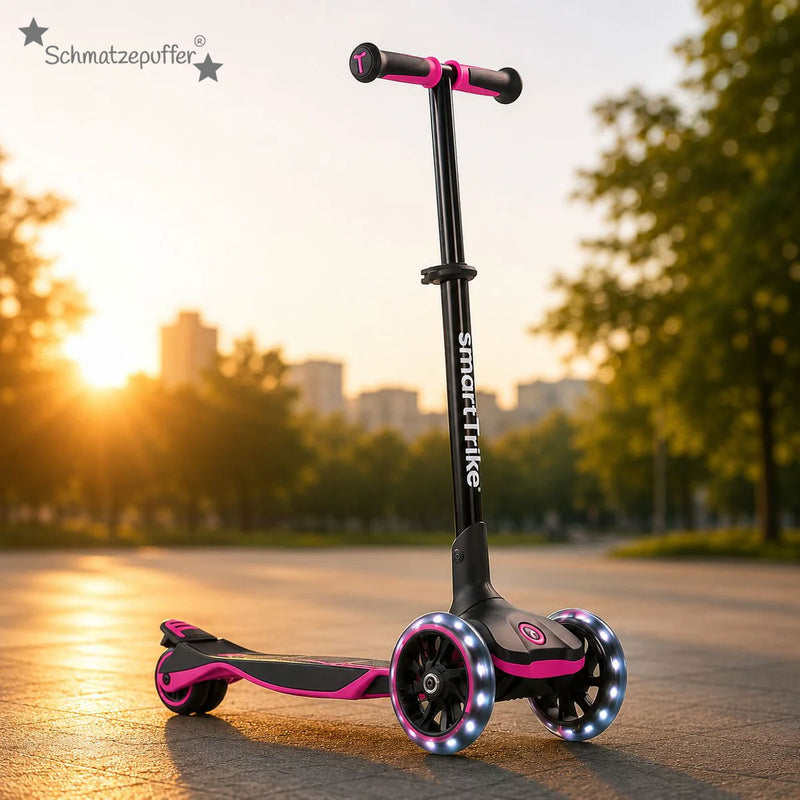 Mitwachsender Kinderroller in Pink mit leuchtenden LED-Rädern im Sonnenuntergang – stabiler Scooter für Kinder von 3 bis 12 Jahren, ideal für Alltag und Spiel