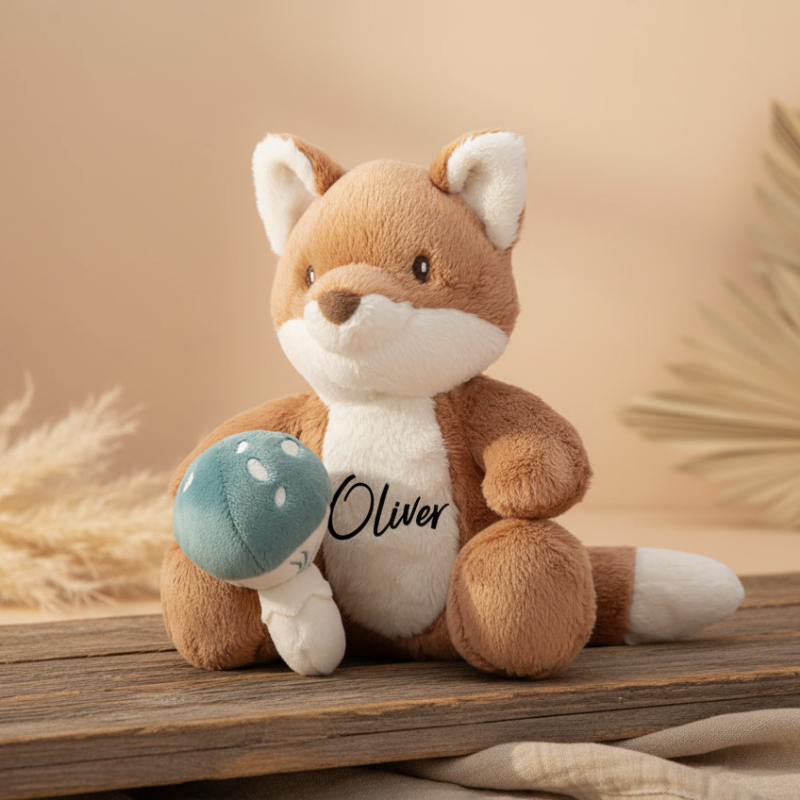 Personalisierter Kuscheltier Fuchs mit Name Oliver und kleiner Stofffigur auf Holzuntergrund, warmes natürliches Licht, Geschenk für Baby