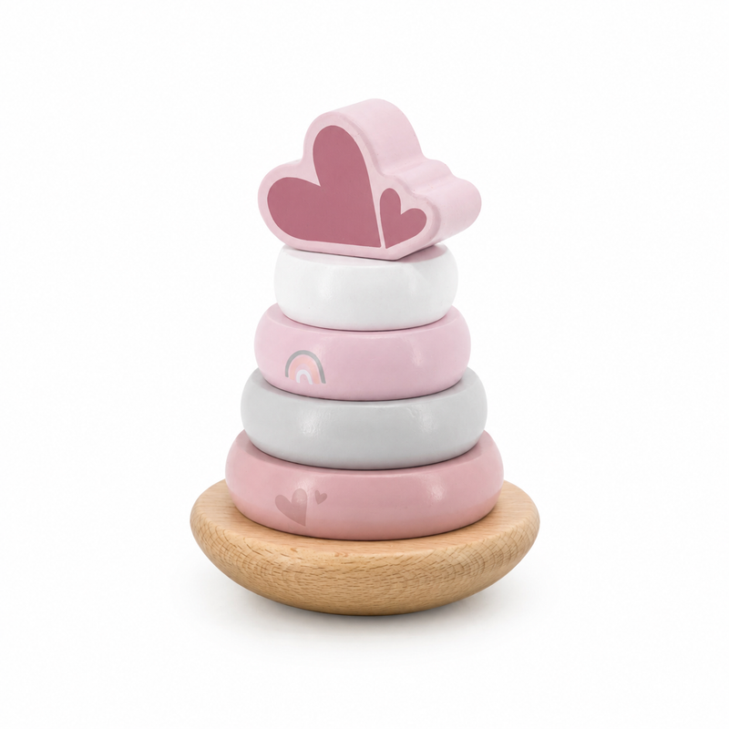 Label Label Stapelturm Balance Rosa aus Holz für Babys und Kleinkinder auf weißem Hintergrund