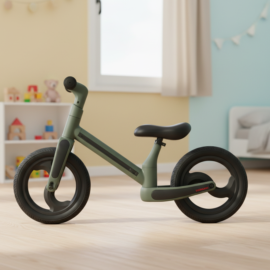 Grünes Laufrad steht in einem hellen Kinderzimmer mit Holzfußboden und weicher, natürlicher Einrichtung