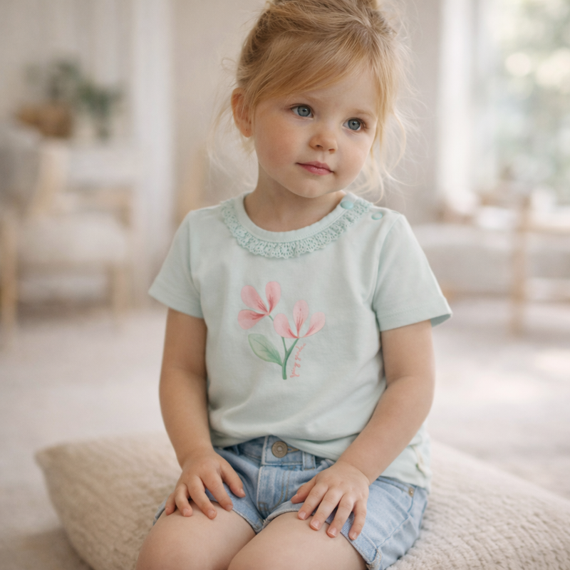 Kleines Mädchen trägt ein hellgrünes T-Shirt mit Blumenmotiv und Spitzenkragen und sitzt auf einem weichen Kissen in einem hellen Raum