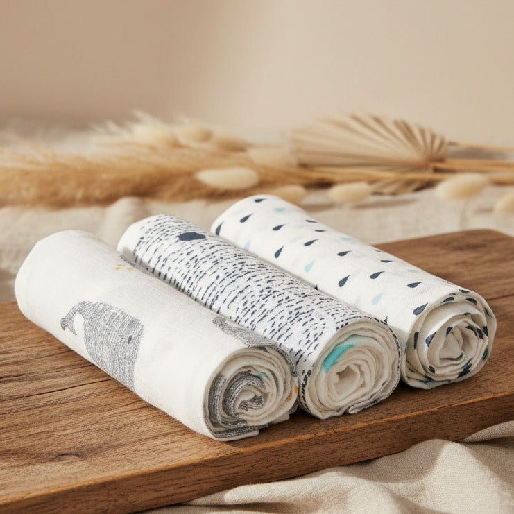 Weiche Musselintücher für Babys als Mulltuch und Spucktuch Set – ideal für den täglichen Einsatz und als Geschenk zur Geburt