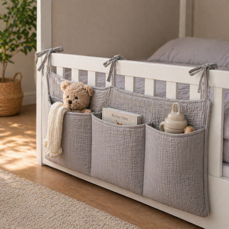 Grauer Musselin Organizer mit drei Fächern am weißen Hausbett für Bücher, Kuscheltier und kleine Alltagshelfer