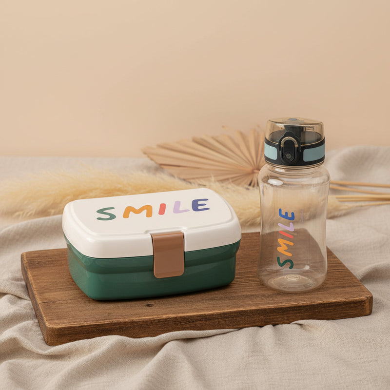 Pausen Set in Gruen mit Smile Motiv bestehend aus Brotdose und Trinkflasche fuer Kindergarten, Schule und unterwegs