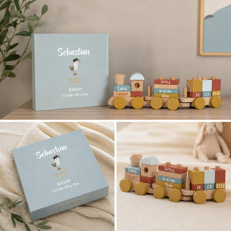 Collage aus personalisierter Erinnerungsbox und Holzzug mit Name und Geburtsdaten – hochwertiges personalisiertes Geschenk zur Geburt bei Schmatzepuffer