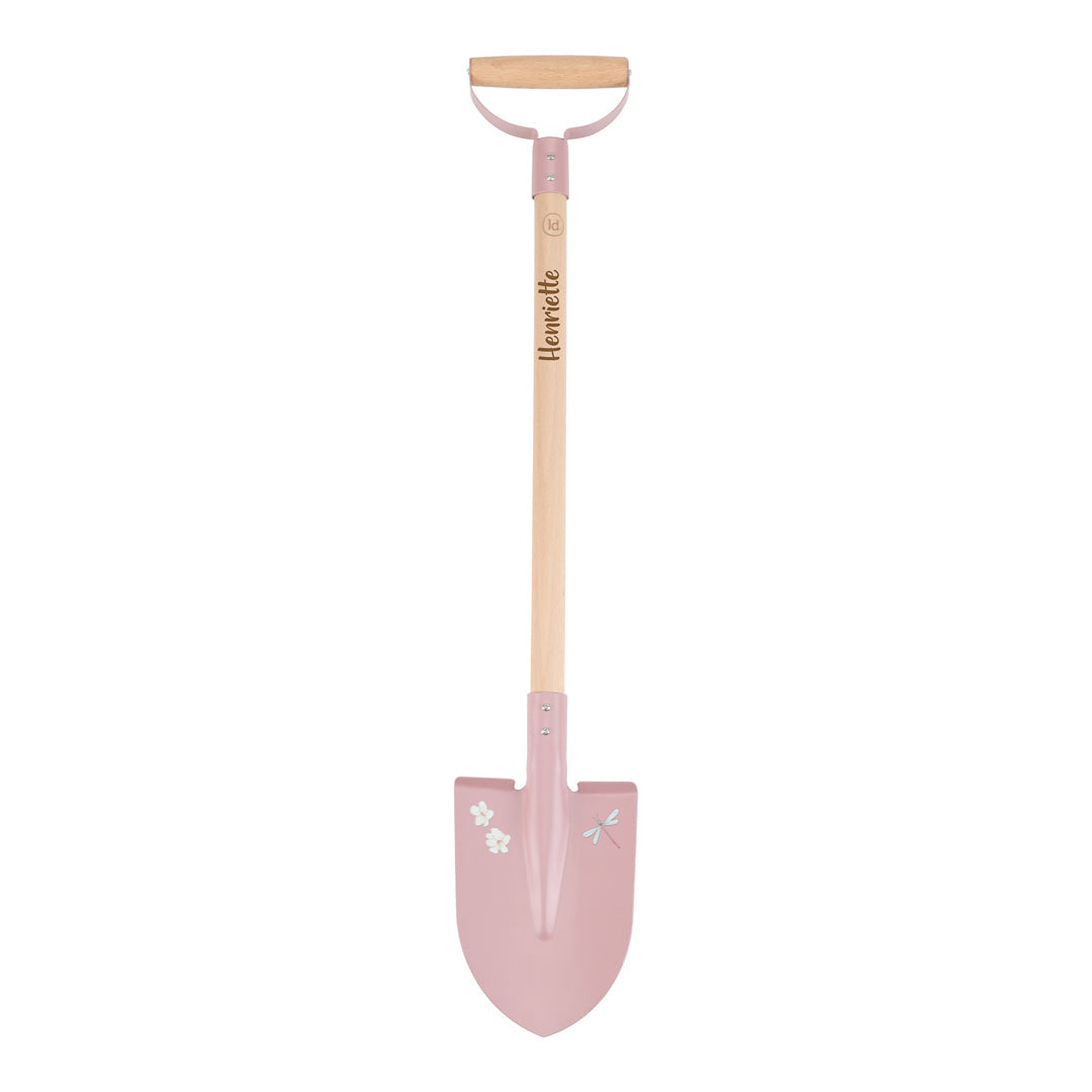 Personalisierte Kinderschaufel in Rosa mit eingraviertem Namen auf dem Holzgriff – hochwertiges Gartengerät für Kinder von Schmatzepuffer.