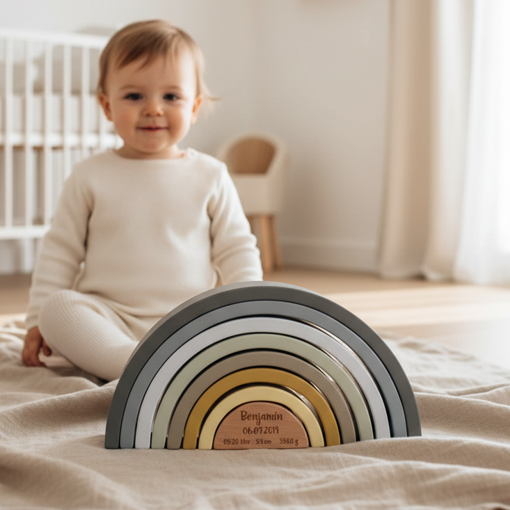 Personalisierter Holz-Regenbogen mit Name und Geburtsdaten als besonderes Geschenk zur Geburt. Hochwertiges Motorikspielzeug in sanften Naturfarben für Babys, Kinderzimmer und bleibende Erinnerungen.