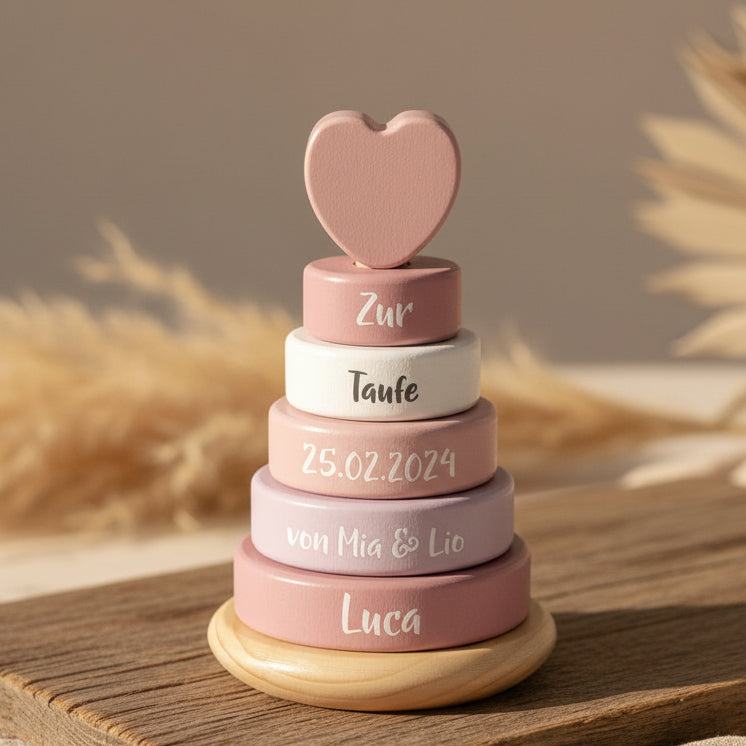 Personalisierter Holz Stapelturm in Rosa mit individuellem Namen zur Foerderung von Motorik, Hand Auge Koordination und spielerischem Lernen
