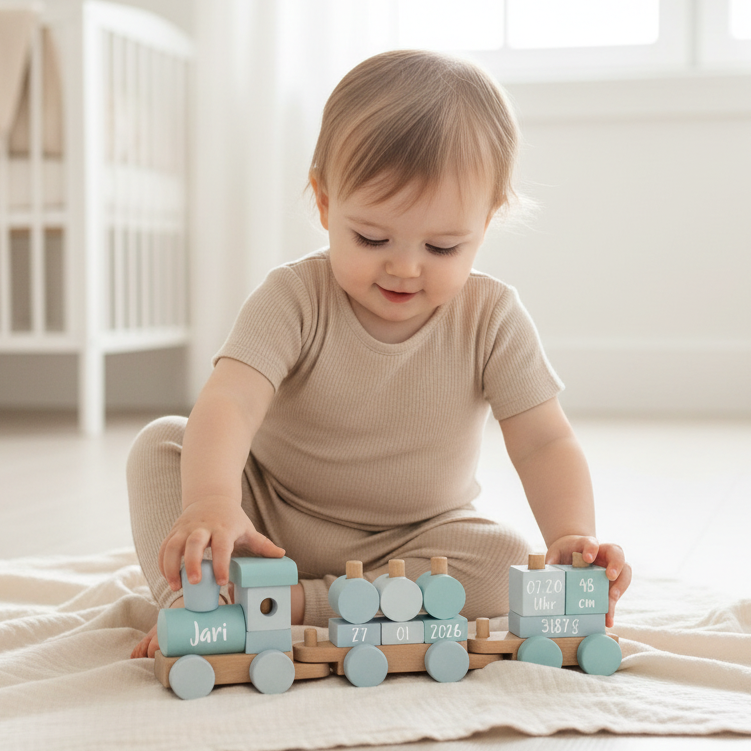 Train en bois personnalisé bleu – Cadeau de naissance avec prénom | Schmatzepuffer