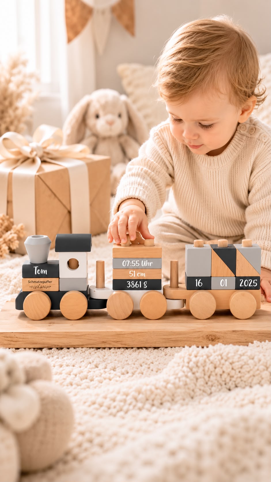 Baby spielt mit einem personalisierten Holzzug zur Geburt mit dem Namen Tom sowie Geburtsdatum, Uhrzeit, Größe und Gewicht in Schwarz, Grau und Naturholz.