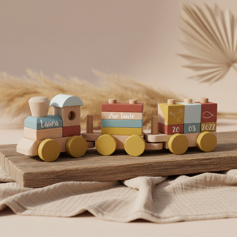 Personalisierter Holzzug zur Taufe mit Name, Taufdatum, Taufmotiven und Schriftzug Zur Taufe als individuelles Taufgeschenk aus Holz