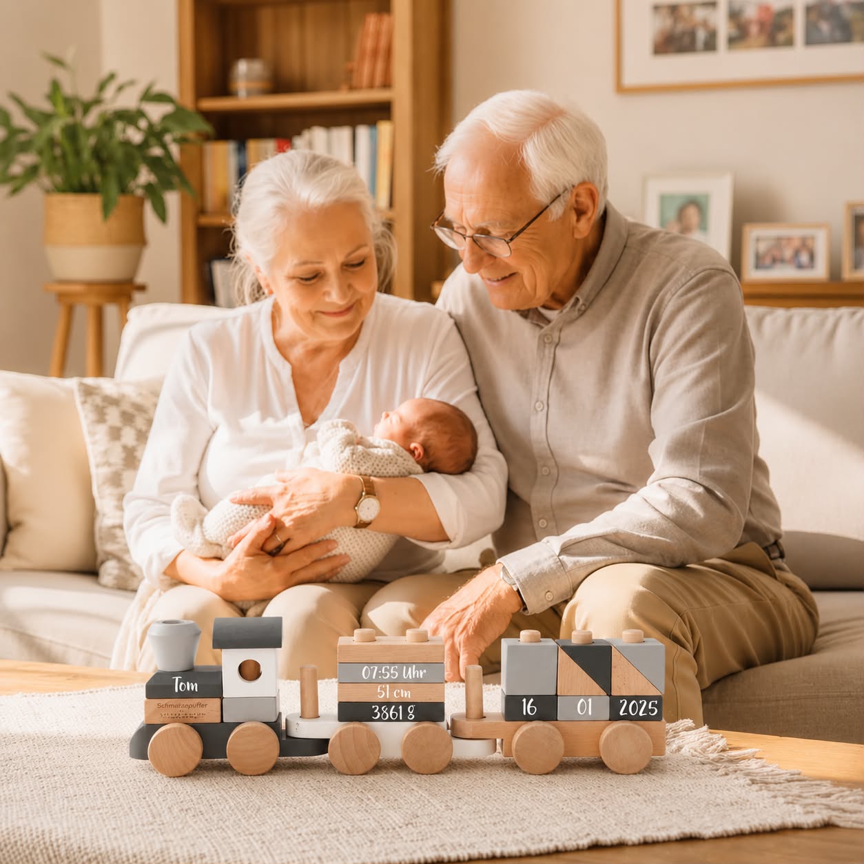 Personalisierter Holzzug zur Geburt von Schmatzepuffer als emotionales Geschenk von Großeltern mit Name und Geburtsdaten des Babys aus hochwertigem Holz