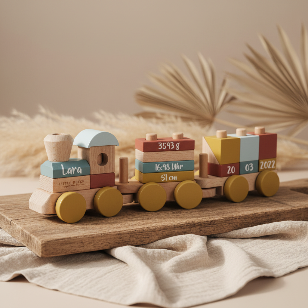Personalisierter Holzzug zur Geburt mit Name und Geburtsdaten als individuelles Babygeschenk aus Holz