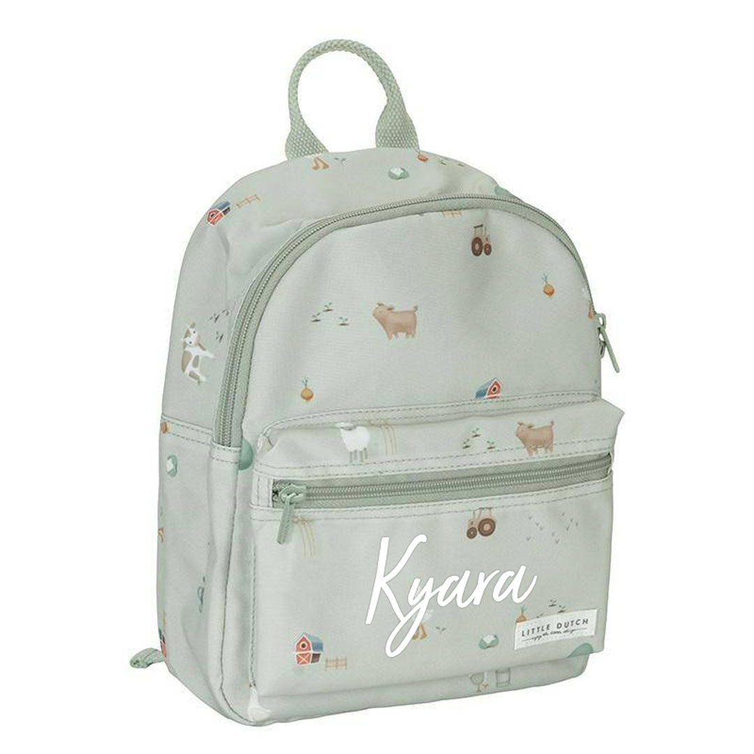 Personalisierter Kinderrucksack Little Farm mit Namen Kyara in Grün als Produktansicht