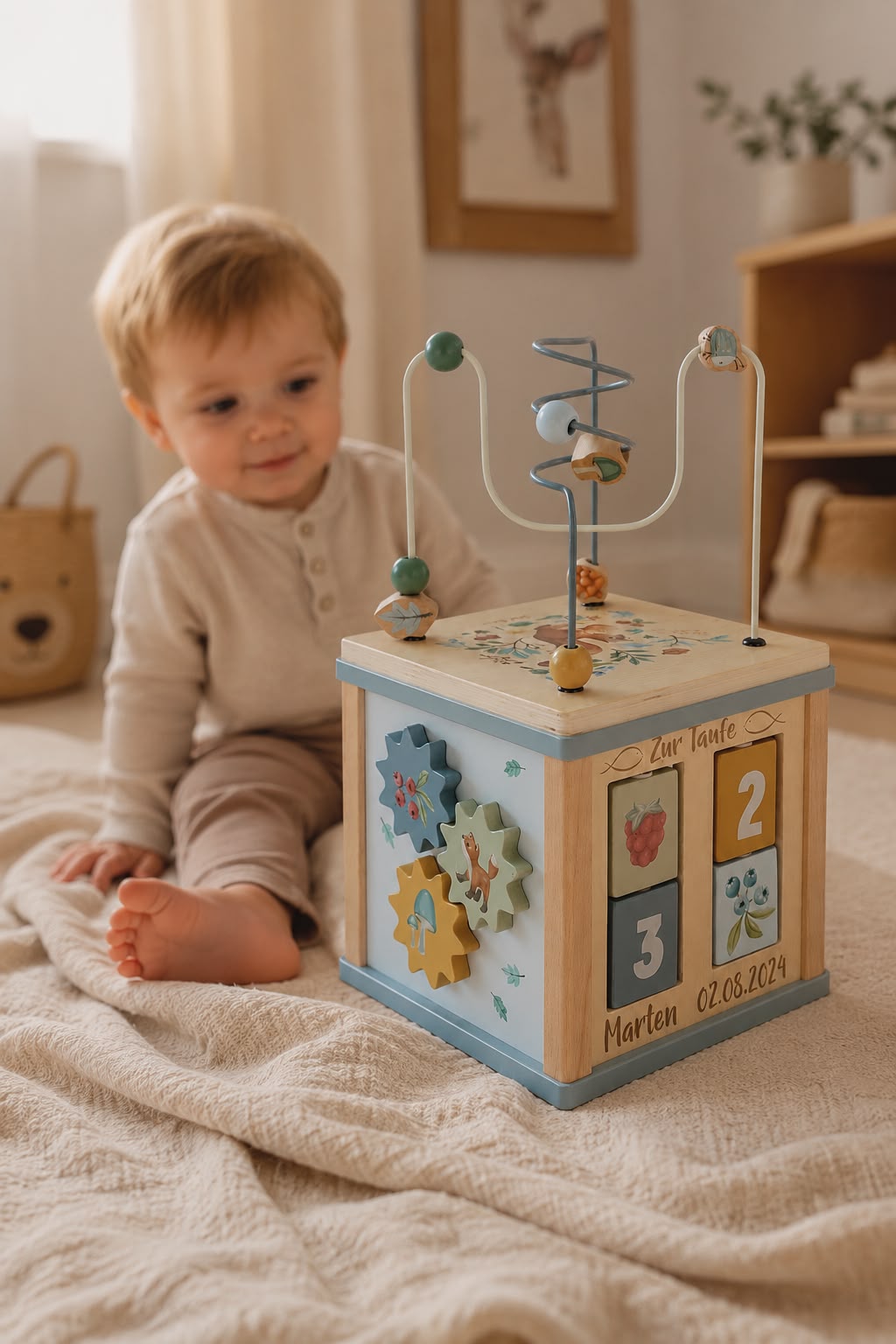 Personalisierter Motorikwürfel zur Taufe mit Name und Datum von Schmatzepuffer – hochwertiges Holzspielzeug im Babyzimmer mit Kleinkind im Hintergrund, personalisiertes Taufgeschenk aus Holz und besondere Erinnerung zur Taufe