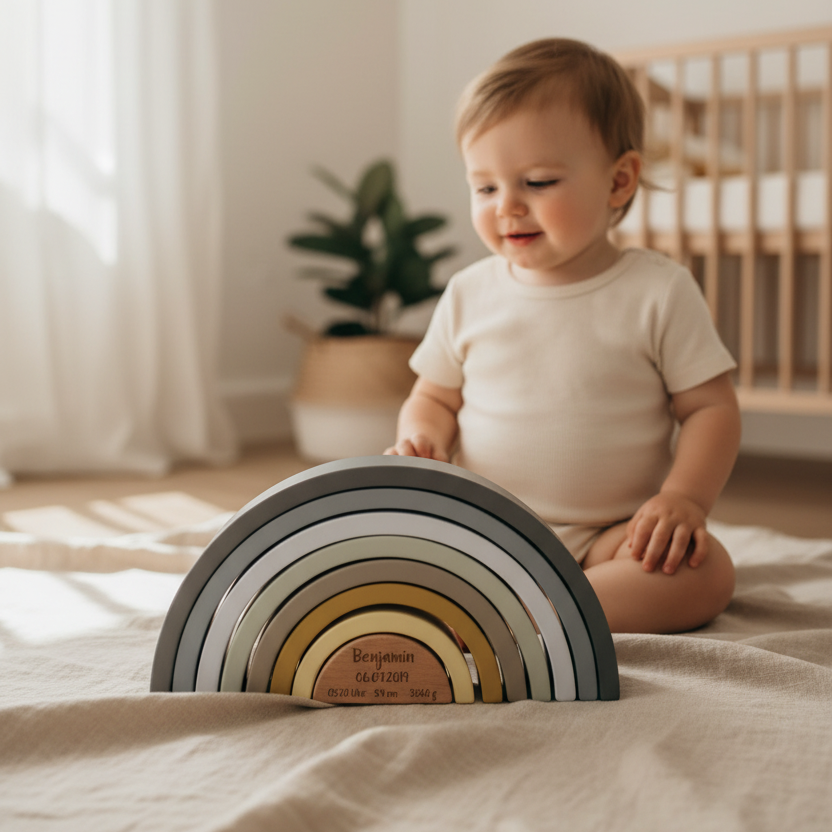 Personalisierter Holz-Regenbogen mit Name, Geburtsdatum, Uhrzeit, Gewicht und Größe. Hochwertiges Babygeschenk zur Geburt für Jungen und Mädchen in modernen Naturfarben für Kinderzimmer und Erinnerungen.