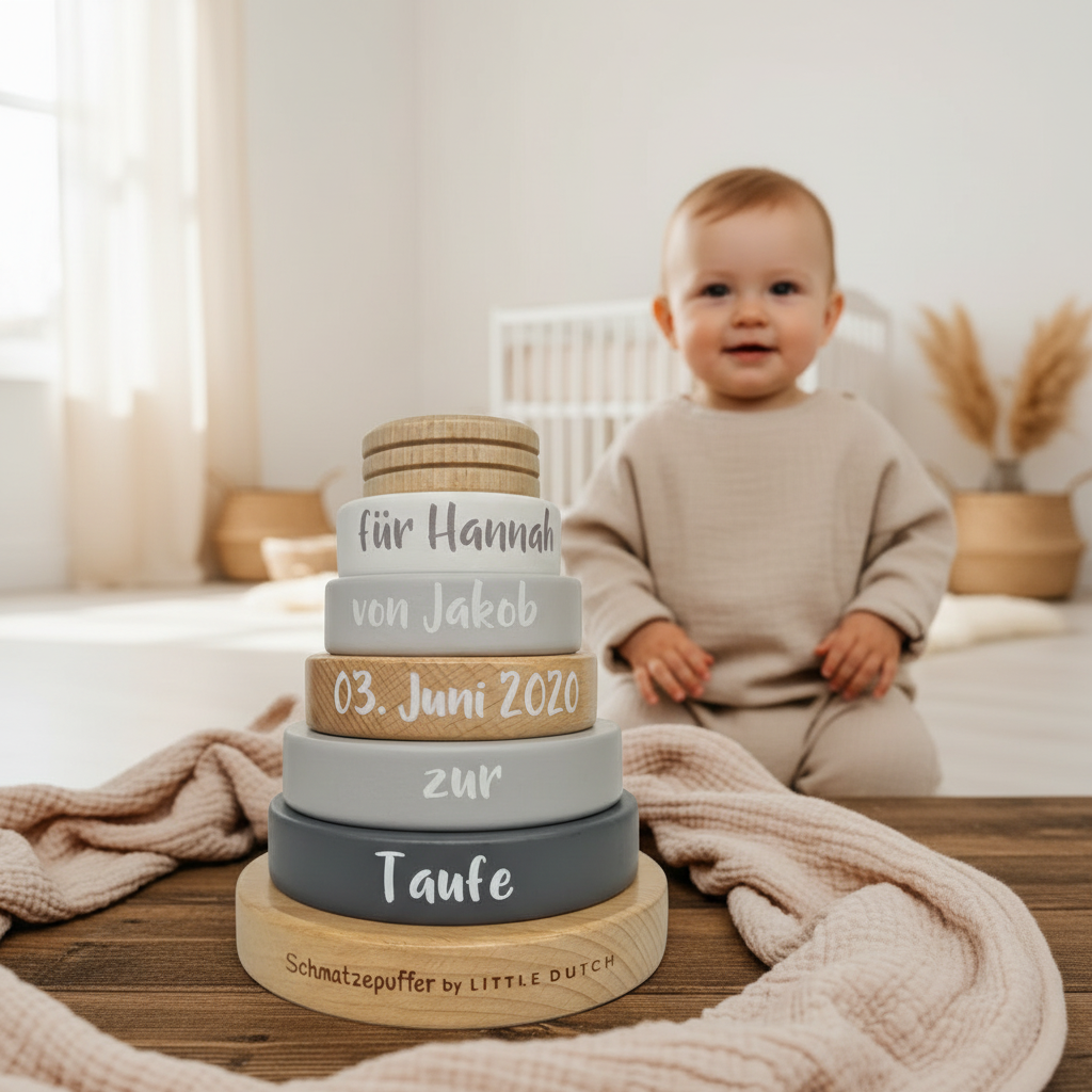 Personalisierter Stapelturm aus Holz mit Name und Datum als Geschenk zur Taufe, Baby sitzt im Hintergrund und spielt daneben