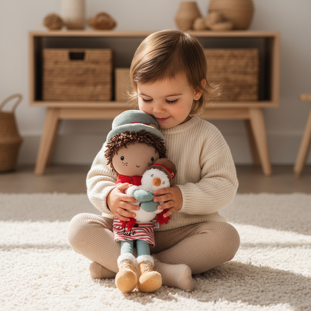 Kleinkind kuschelt personalisierte Stoffpuppe mit Name – emotionales und individuelles Geschenk zur Geburt