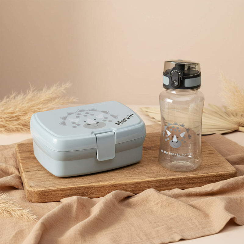 Personalisiertes Pausen Set mit Brotdose und Trinkflasche im Dinosaurier Design und individuellem Namen fuer Kindergarten, Schule und unterwegs