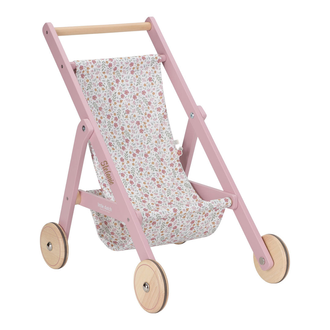 Puppenbuggy aus Holz personalisiert mit Name. Beliebtes Geschenk für Kinder, hochwertig verarbeitet und ideal für Rollenspiele mit Puppen im Kinderzimmer.