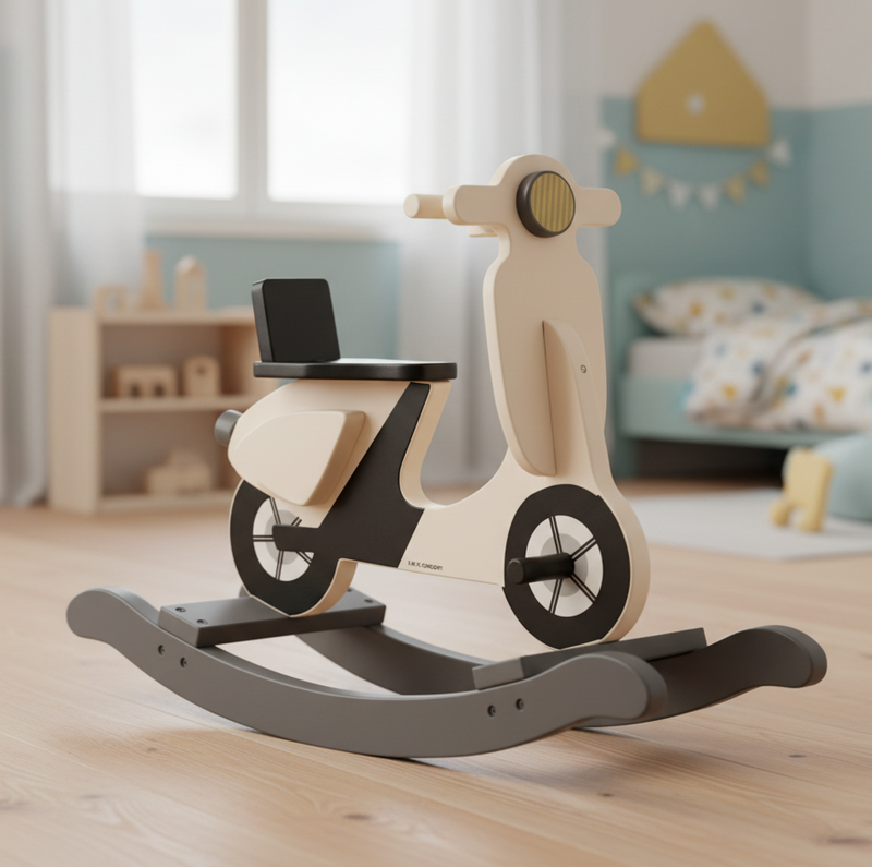 Schaukel Scooter in Beige aus Holz fuer Kinder zur Foerderung von Gleichgewicht, Motorik und fantasievollem Spielen im Kinderzimmer