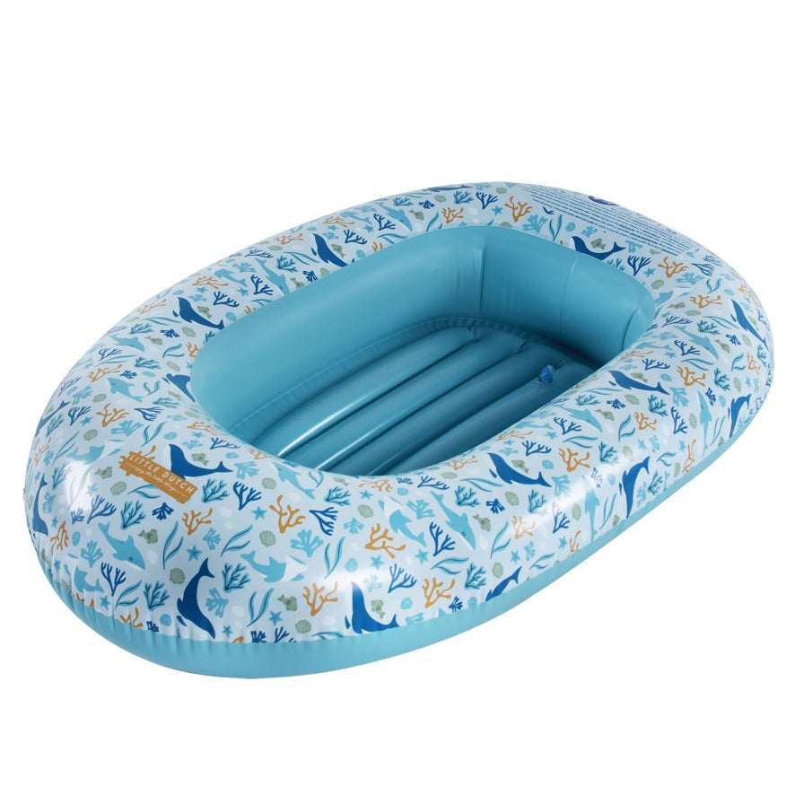 Blaues aufblasbares Schlauchboot für Kinder mit Meeresmotiv – ideal für Pool, Strand und Sommerurlaub